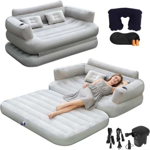 Full Size Inflatable Sofa Bed with Air Pump, 2-in-1 Portable Blow-Up Air Couch, Inflatable Couch Bed and Folding