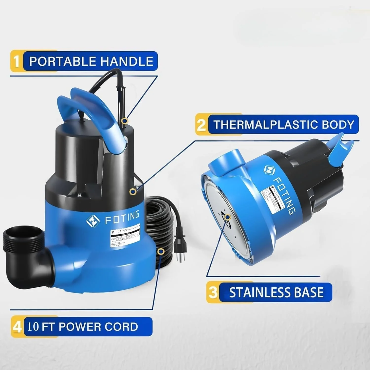 1/2HP Submersible Water Pump with Stainless Steel Base, Removes Water to 0.04 Depth, 2450GPH Portable Sump Pump - Image 8