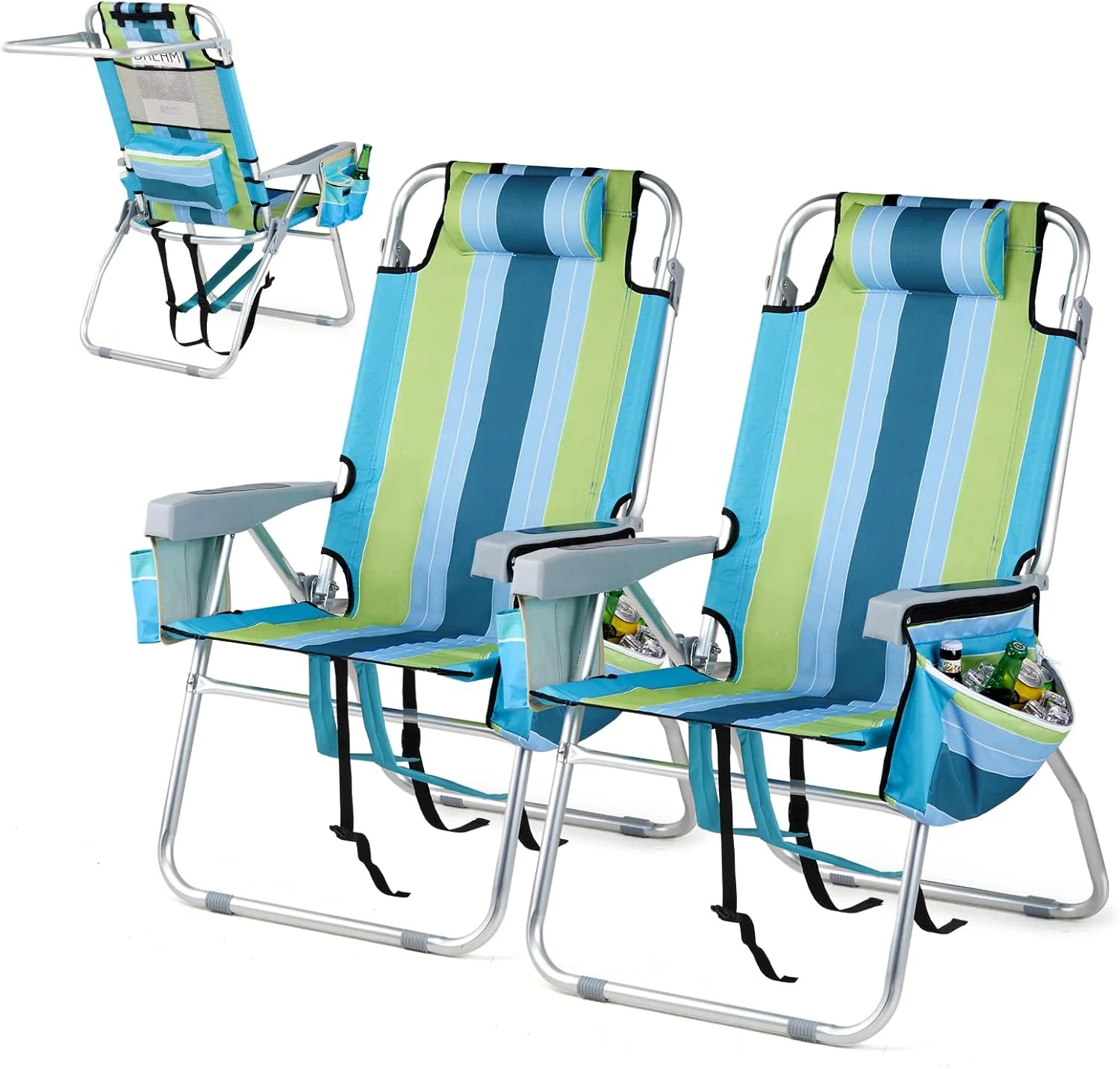Tall Beach Chair 2 Pack Lightweight, Backpack Beach Chair for Adults with 5-Position, Lightweight Folding Beach