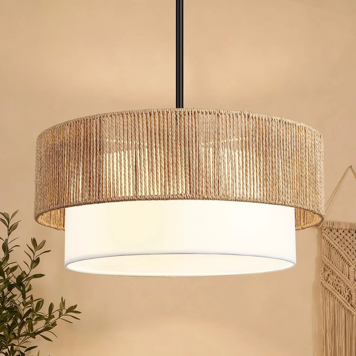 Height Adjustable Farmhouse Chandelier Light Fixture, 5-Light Rattan Boho Chandeliers for Dining Room - Image 8