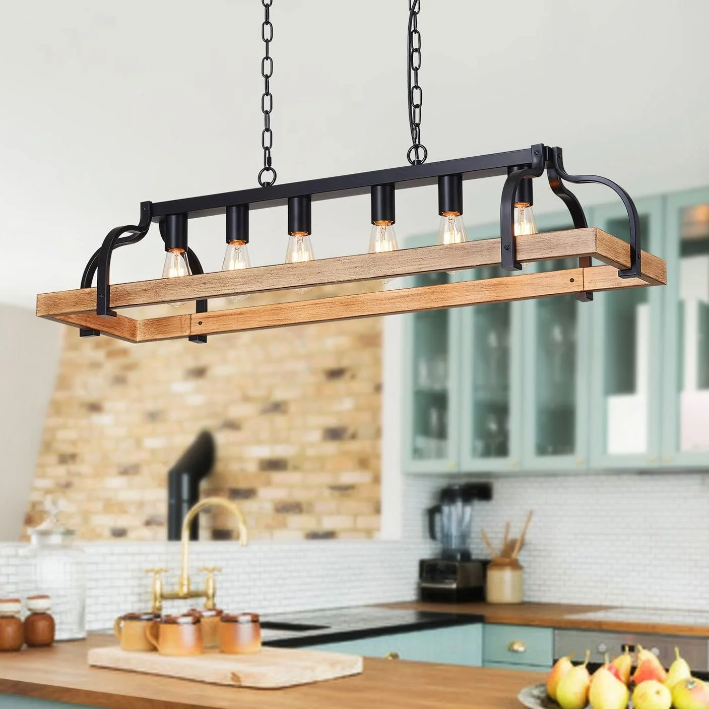 5-Light Metal Chandelier Imitation Wood Grain Linear Pendant Ceiling Lighting Rustic Farmhouse Fixture Kitchen - Image 5