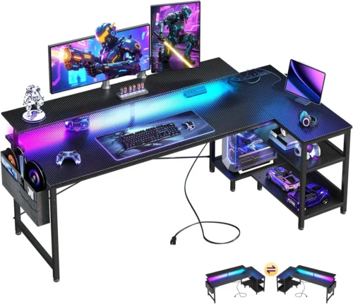 Alternative view of 48 Inch Gaming Desk with USB Charging Ports and LED Lights, Reversible L Shaped Computer Desk with Storage Shelves &