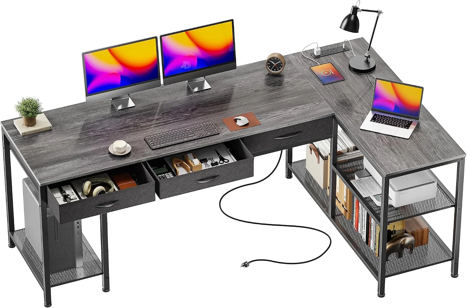 55 Inch L Shaped Office Desk with Power Outlets and Type-C Port, Large Computer Gaming Desk with 3 Fabric - Image 7