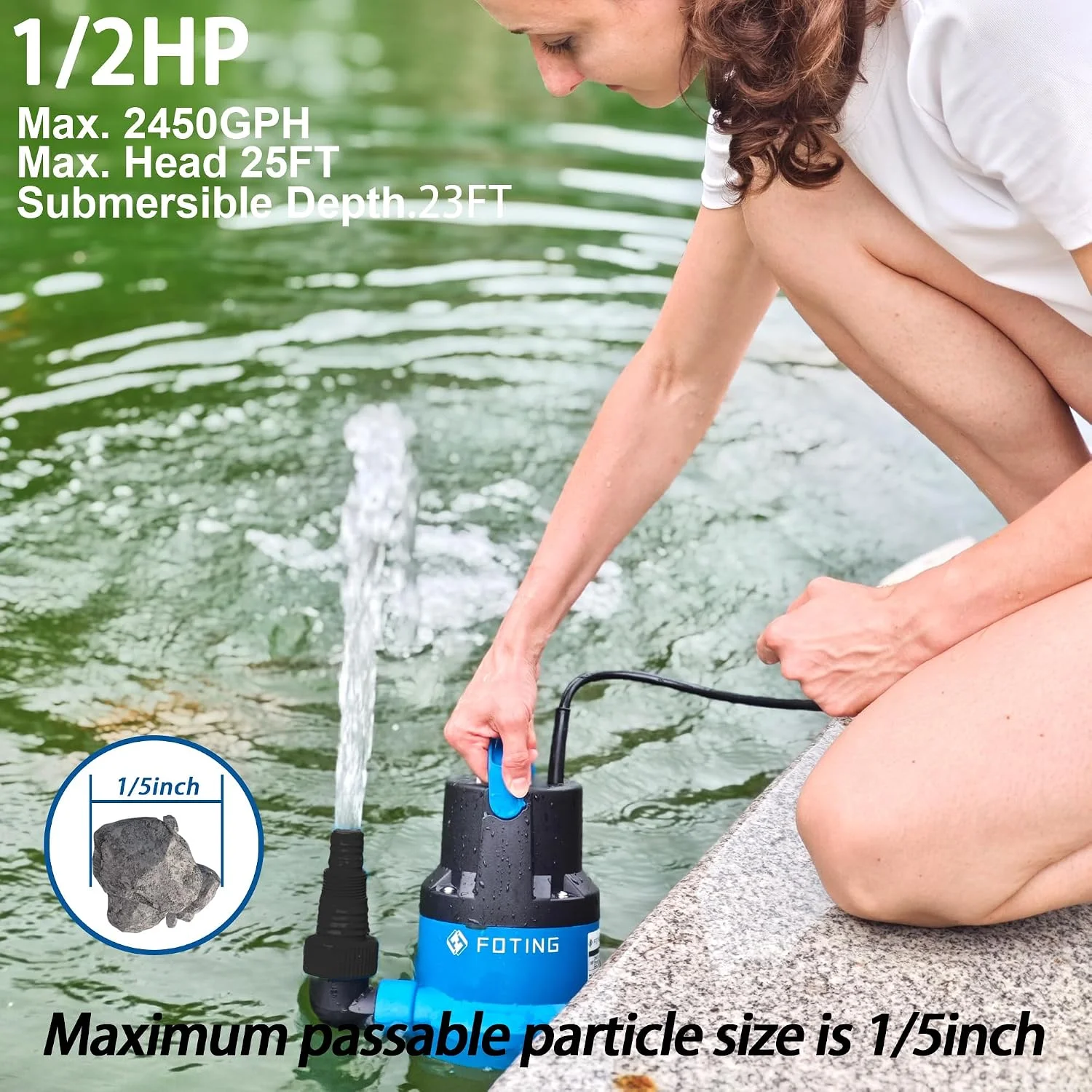 1/2HP Submersible Water Pump with Stainless Steel Base, Removes Water to 0.04 Depth, 2450GPH Portable Sump Pump - Image 4