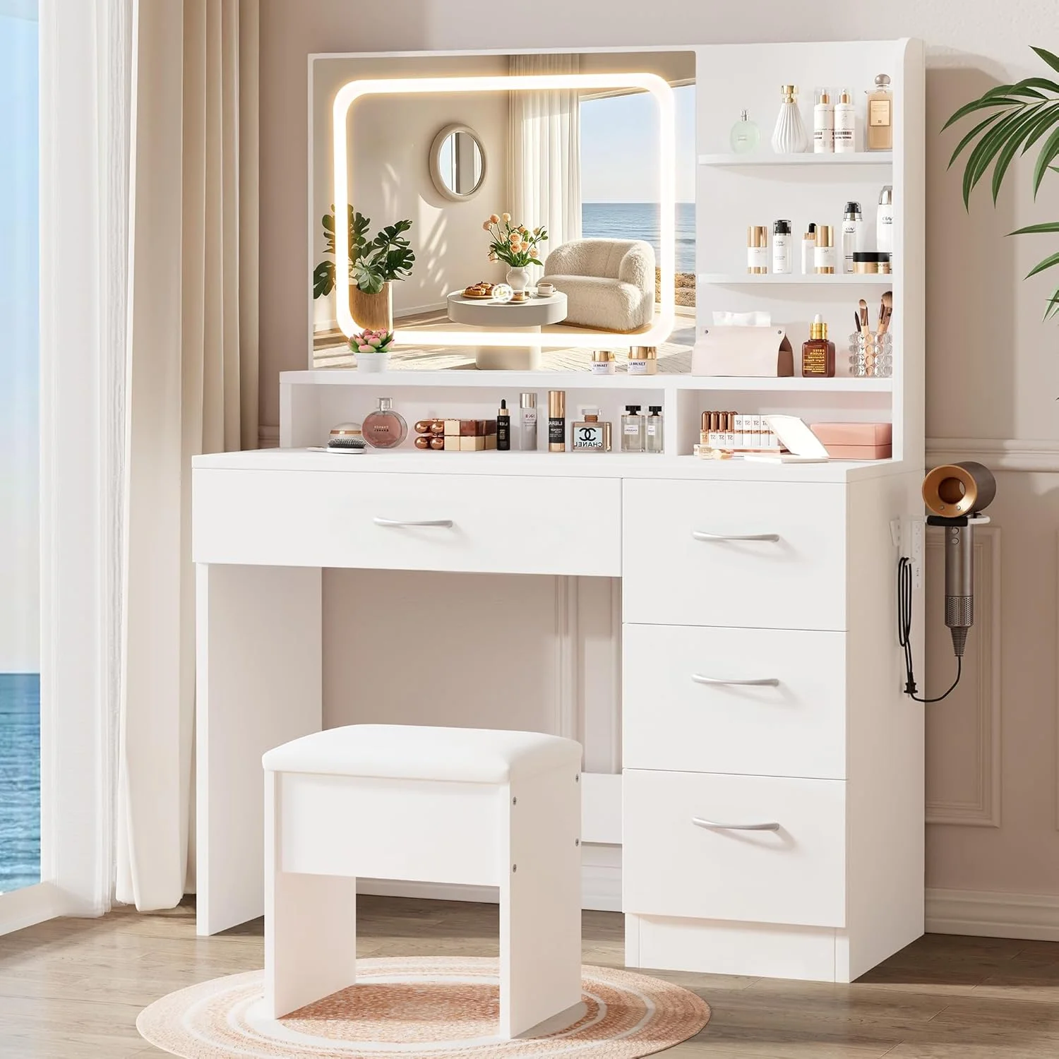 White Makeup Vanity Desk with Charging Station & 4 Drawers, Smart LED Mirror - Image 4