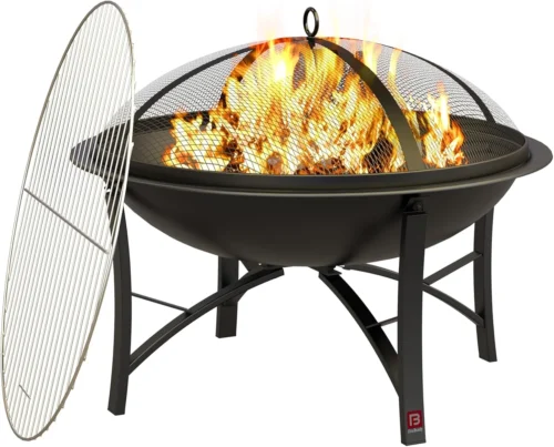 Beauty Fire Pit for Outside Wood Burning, BBQ Grill Steel Fire Bowl with Spark Screen Cover
