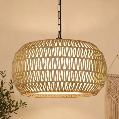 Height Adjustable Farmhouse Chandelier Light Fixture, 5-Light Rattan Boho Chandeliers for Dining Room