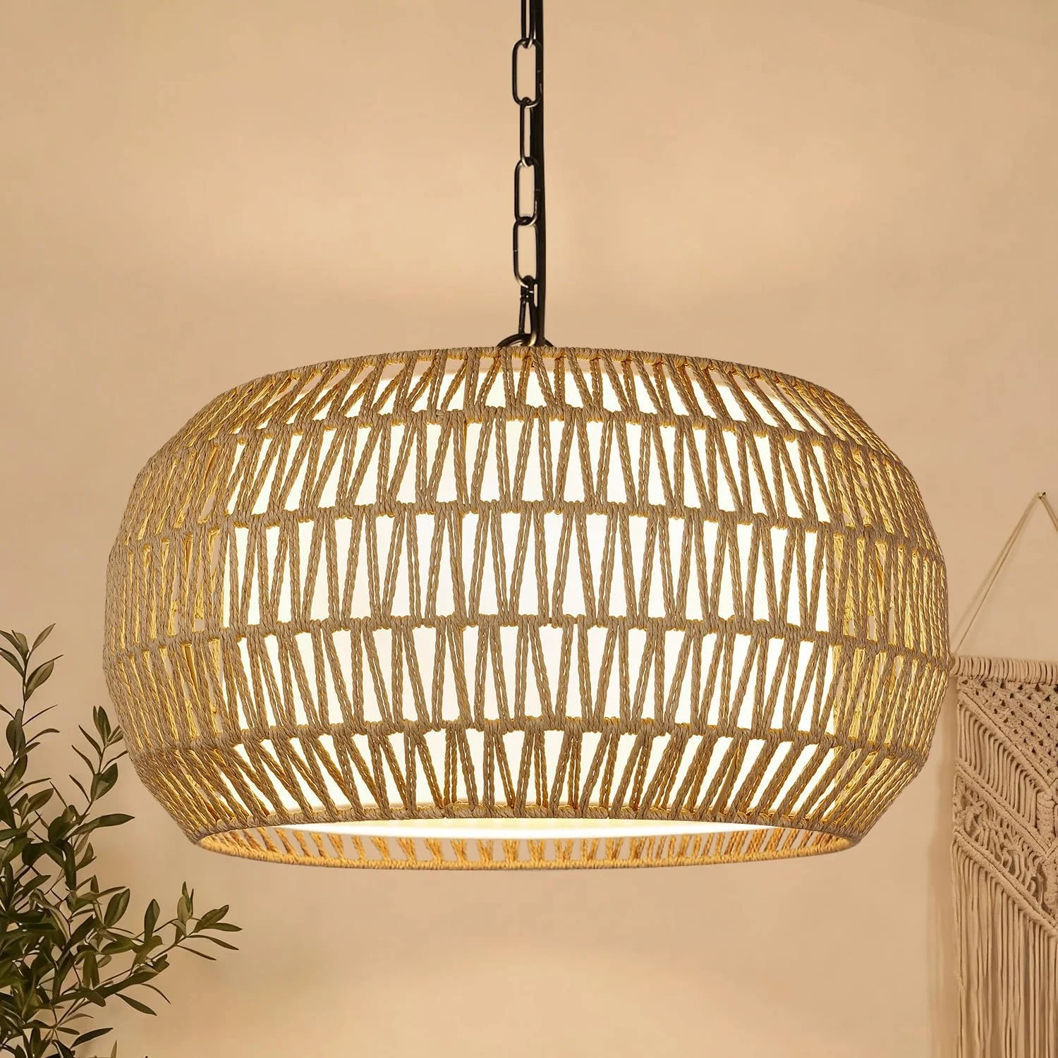Height Adjustable Farmhouse Chandelier Light Fixture, 5-Light Rattan Boho Chandeliers for Dining Room