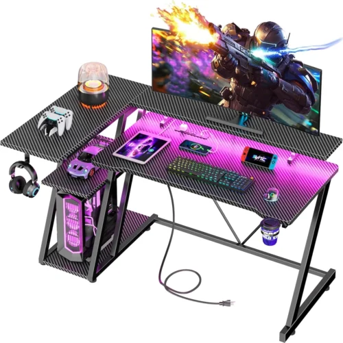 40 Inch Gaming Desk with Power Outlet & LED Lights, L Shaped Computer Gaming Table with 3 Tiers Storage Shelves