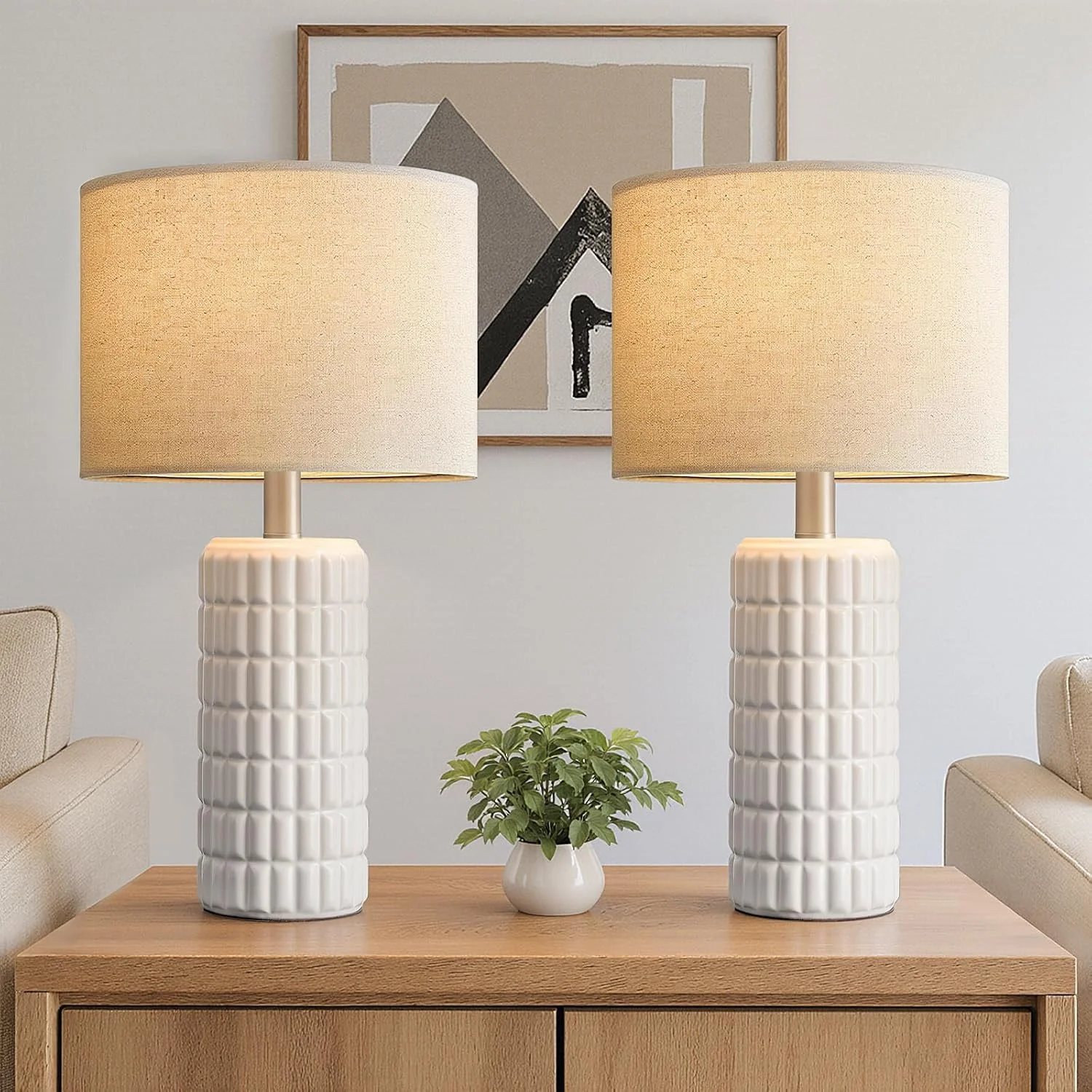 23 Modern Ceramic Table Lamp Set of 2, Farmhouse Bedside Night Stands Lamp for Bedroom - Image 2