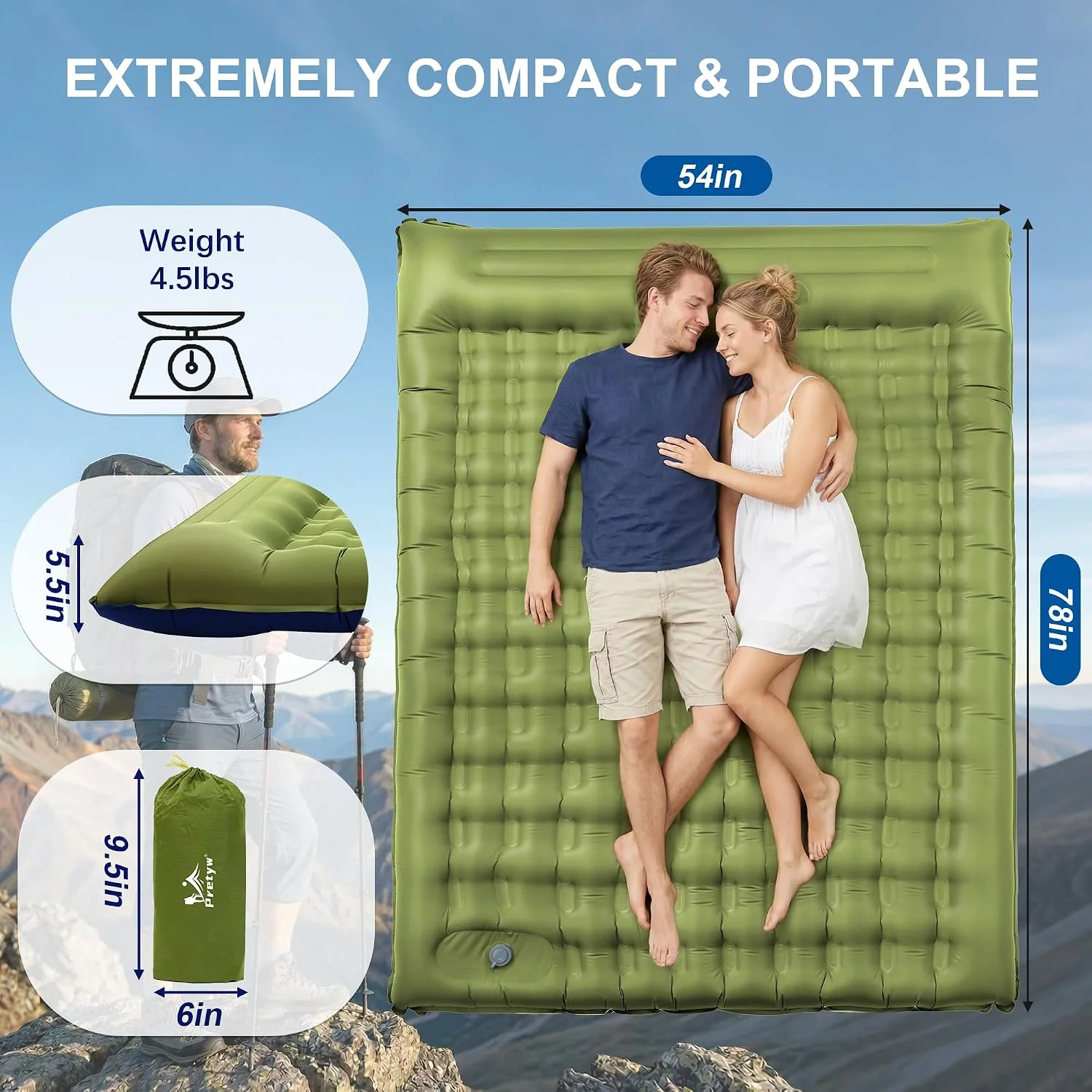 Double Sleeping Pad for Camping, 5.5 Ultra-Thick Camping Mattress with Pillow, Built-in Foot Pump - Image 2