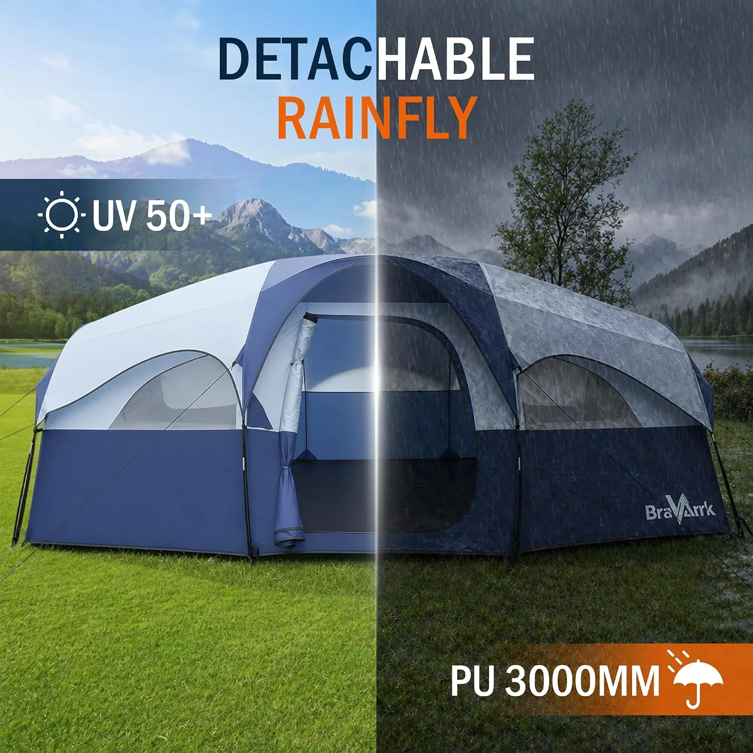 Camping Tent for 8 Person, PU3000MM Waterproof Family Tent with Rainfly, Large Roomy 3 Room Camping Tents with - Image 7