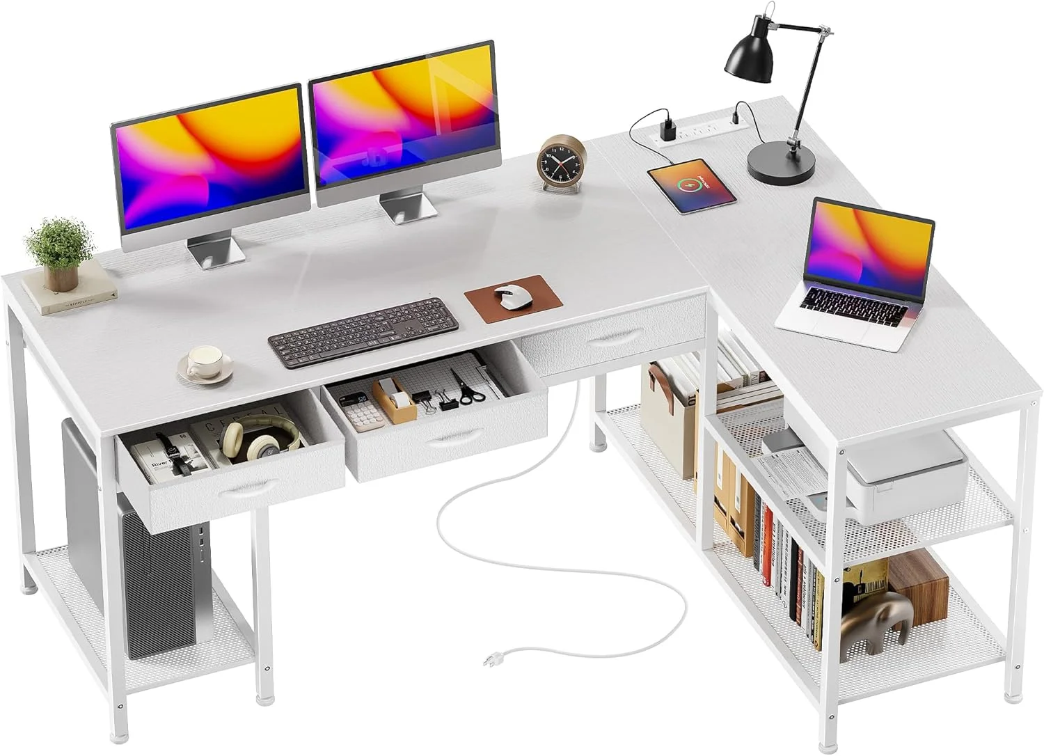 55 Inch L Shaped Office Desk with Power Outlets and Type-C Port, Large Computer Gaming Desk with 3 Fabric