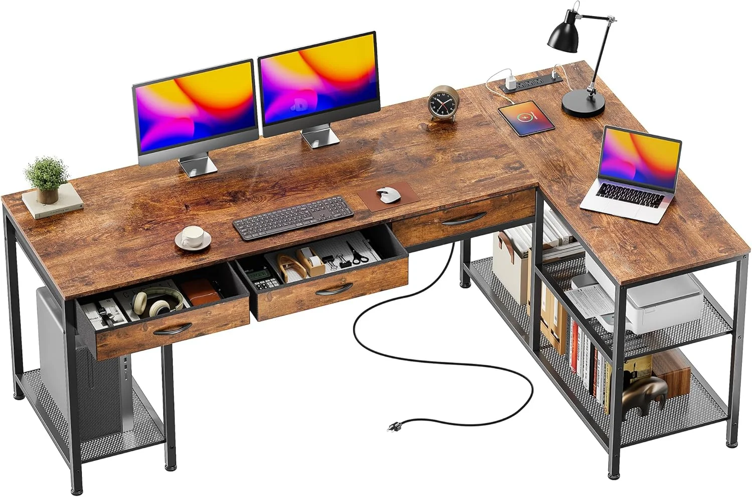 55 Inch L Shaped Office Desk with Power Outlets and Type-C Port, Large Computer Gaming Desk with 3 Fabric - Image 8