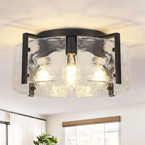 Modern Gold Semi Flush Mount Ceiling Light, Dimmable, 3-Light Farmhouse Glass Drum Light Fixture