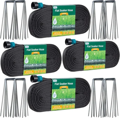 2026 Flat Soaker Hose 200 ft (50ft 4Packs) with Stake for Garden, Linkable Drip Hose Diy Automates Garden