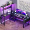 L Shaped Gaming Desk with LED Lights & Power Outlets, Reversible Computer Desk with Storage Shelves & Bag