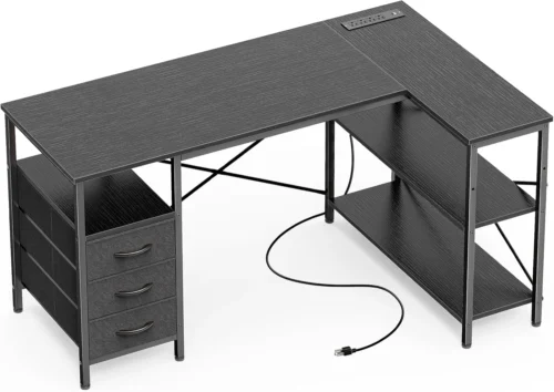 L Shaped Office Desk with Power Outlets, 47 Inch Computer Desk with 3 Drawers