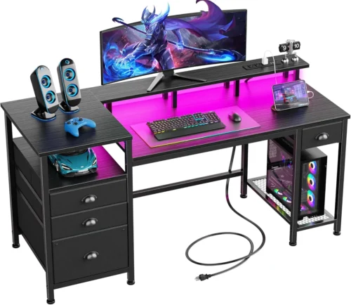 60 Black Computer Desk with 4 Drawers and Printer Space, Gaming Desk with LED Lights and USB Power Outlets