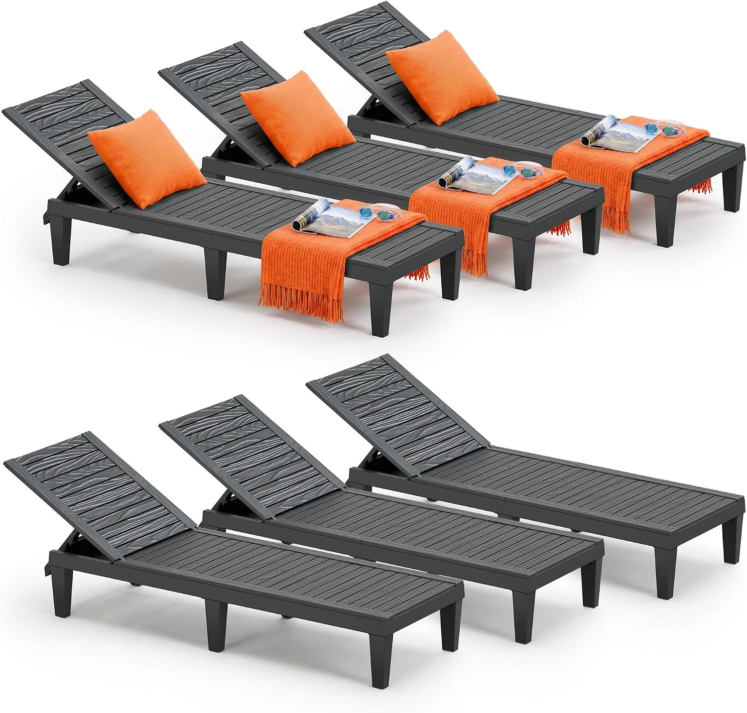 Outdoor Lounge Chairs Set of 2, 5-Position Adjustable Tanning Chairs with Wood Grain - Image 7