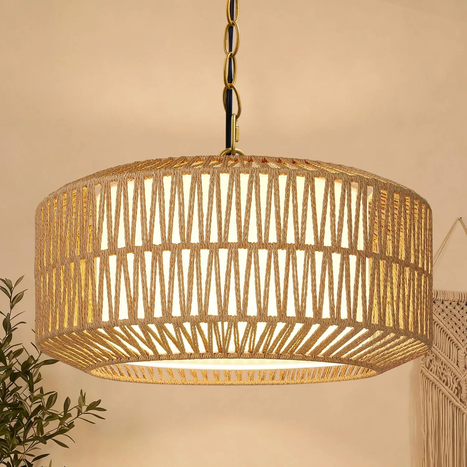 Height Adjustable Farmhouse Chandelier Light Fixture, 5-Light Rattan Boho Chandeliers for Dining Room - Image 3