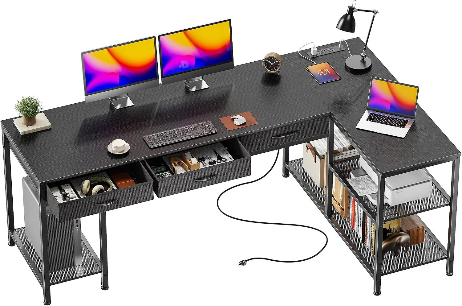 55 Inch L Shaped Office Desk with Power Outlets and Type-C Port, Large Computer Gaming Desk with 3 Fabric - Image 5