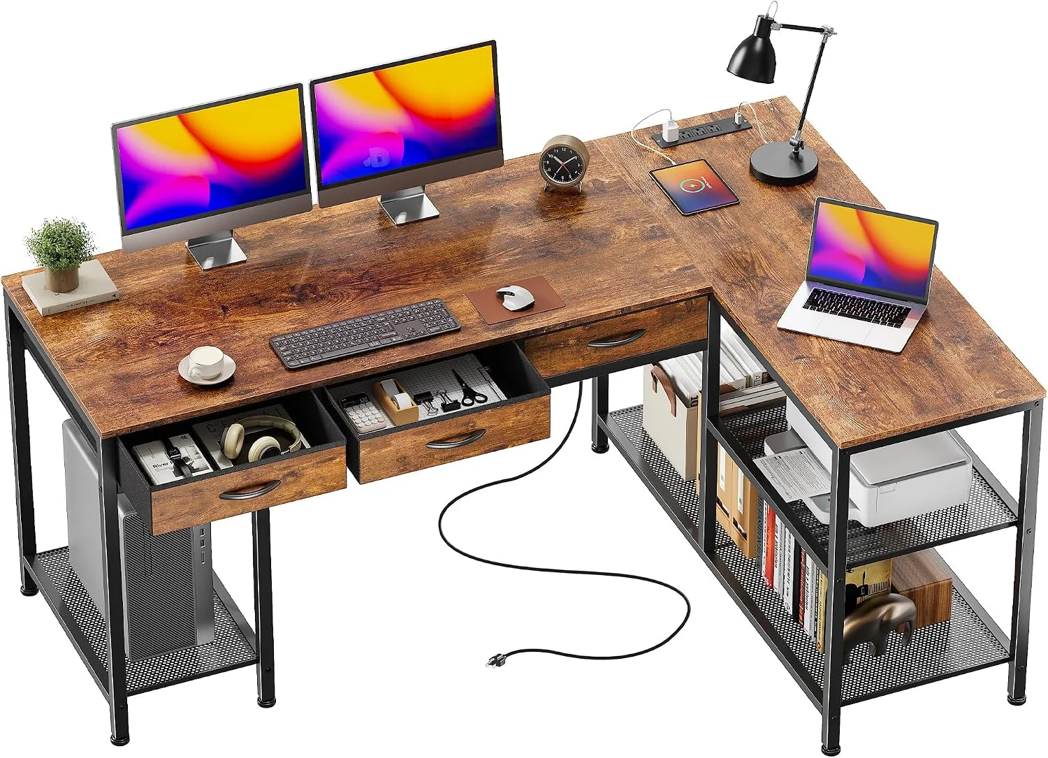 55 Inch L Shaped Office Desk with Power Outlets and Type-C Port, Large Computer Gaming Desk with 3 Fabric - Image 6