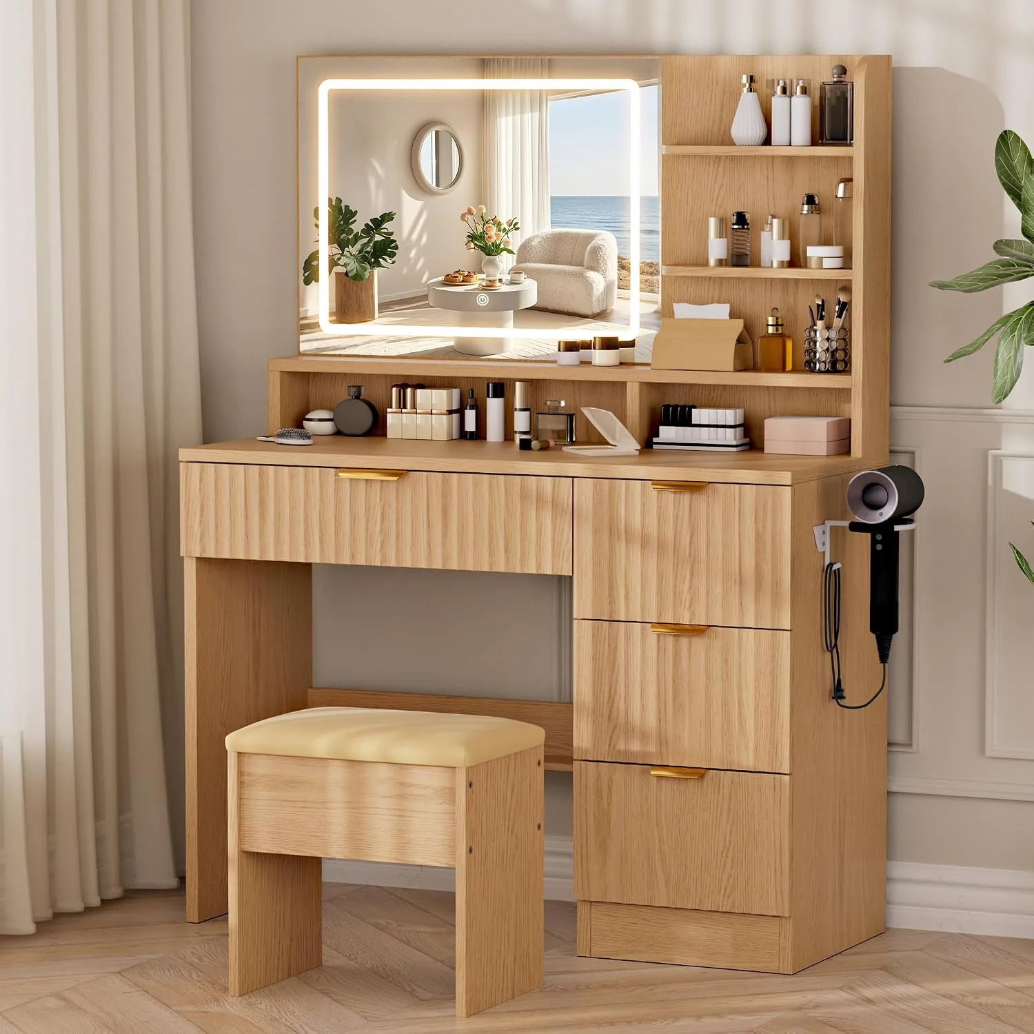 White Makeup Vanity Desk with Charging Station & 4 Drawers, Smart LED Mirror - Image 2