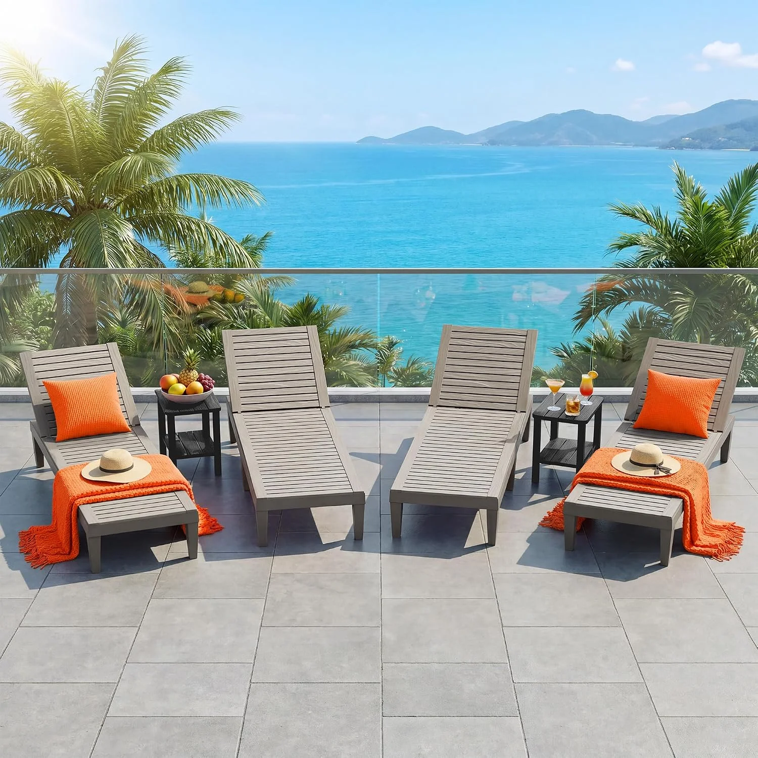 Outdoor Lounge Chairs Set of 2, 5-Position Adjustable Tanning Chairs with Wood Grain - Image 2