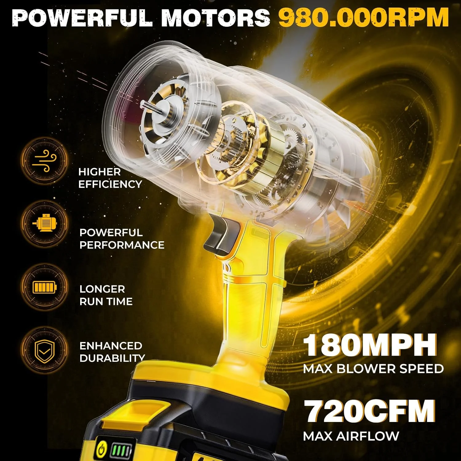 Leaf Blower for DEWALT 20V Max Battery, 720-CFM 180-MPH Handheld Electric Brushless Dust Blower with Light - For Yard Cleanup - Image 3