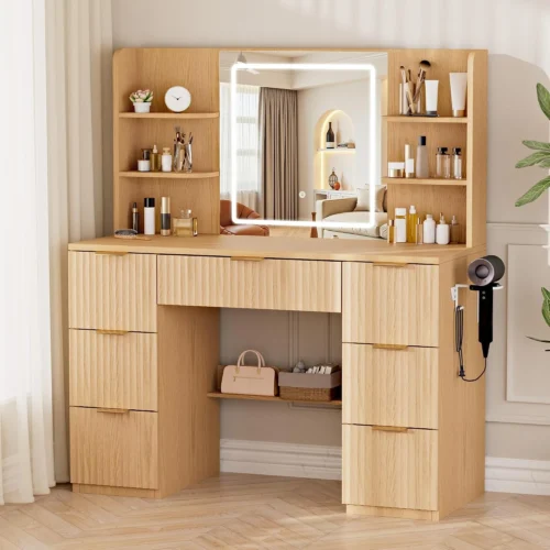 Alternative view of 43 Large White Makeup Vanity Desk with Charging Station, Smart LED Mirror, 7 Drawers, 4 Shelves