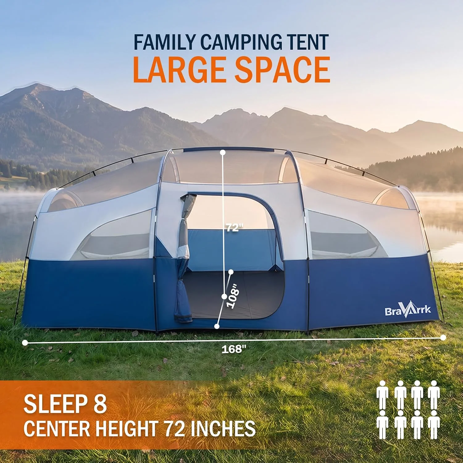 Camping Tent for 8 Person, PU3000MM Waterproof Family Tent with Rainfly, Large Roomy 3 Room Camping Tents with - Image 2