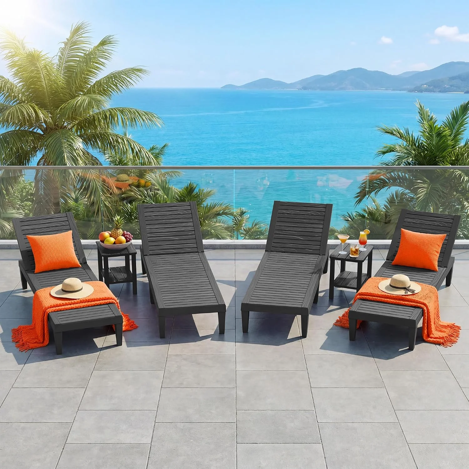 Outdoor Lounge Chairs Set of 2, 5-Position Adjustable Tanning Chairs with Wood Grain - Image 5