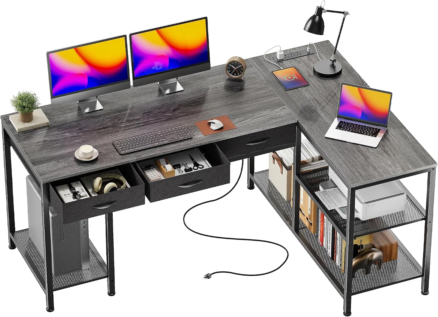 55 Inch L Shaped Office Desk with Power Outlets and Type-C Port, Large Computer Gaming Desk with 3 Fabric - Image 3