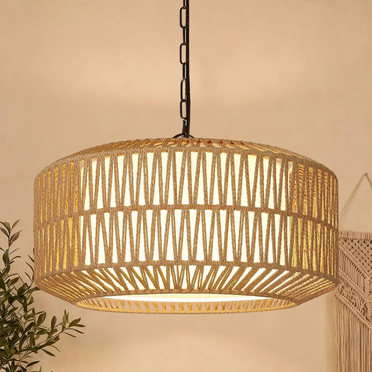 Height Adjustable Farmhouse Chandelier Light Fixture, 5-Light Rattan Boho Chandeliers for Dining Room - Image 2