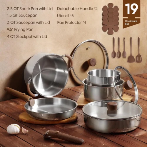 Alternative view of 19pcs Stainless Steel Cookware Set with Detachable Handle, Pots and Pans Set