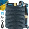 Non-Expandable Garden Hose 100 FT, Lightweight Hose with 10 Function Spray Nozzle, 360?? Swivel Connectors
