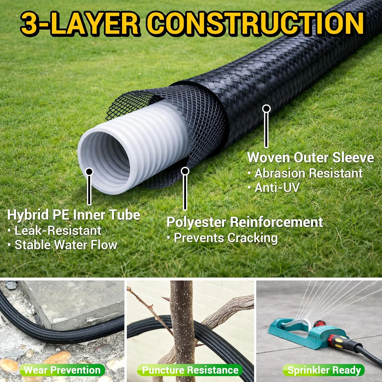 Garden Hose 100 ft, Heavy Duty 100ft Non-Expandable Long Water Hose, 1/2 id x 100 Feet - Image 3