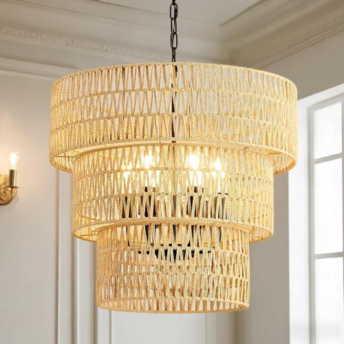 Large Farmhouse Chandeliers for Dining Room, 6-Light 19.7" Rattan Boho Chandeliers with Wicker Lampshade