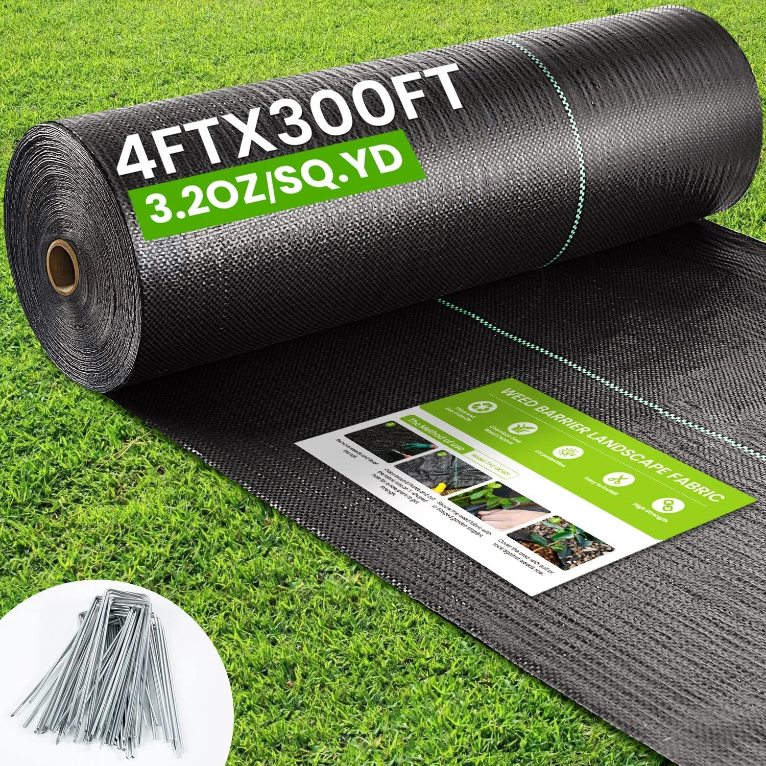 4FTX300FT Weed Barrier Fabric, 3.2oz Landscape Fabric, Durable Weed Barrier Fabric Heavy Duty with 20 U-Shaped - Image 2