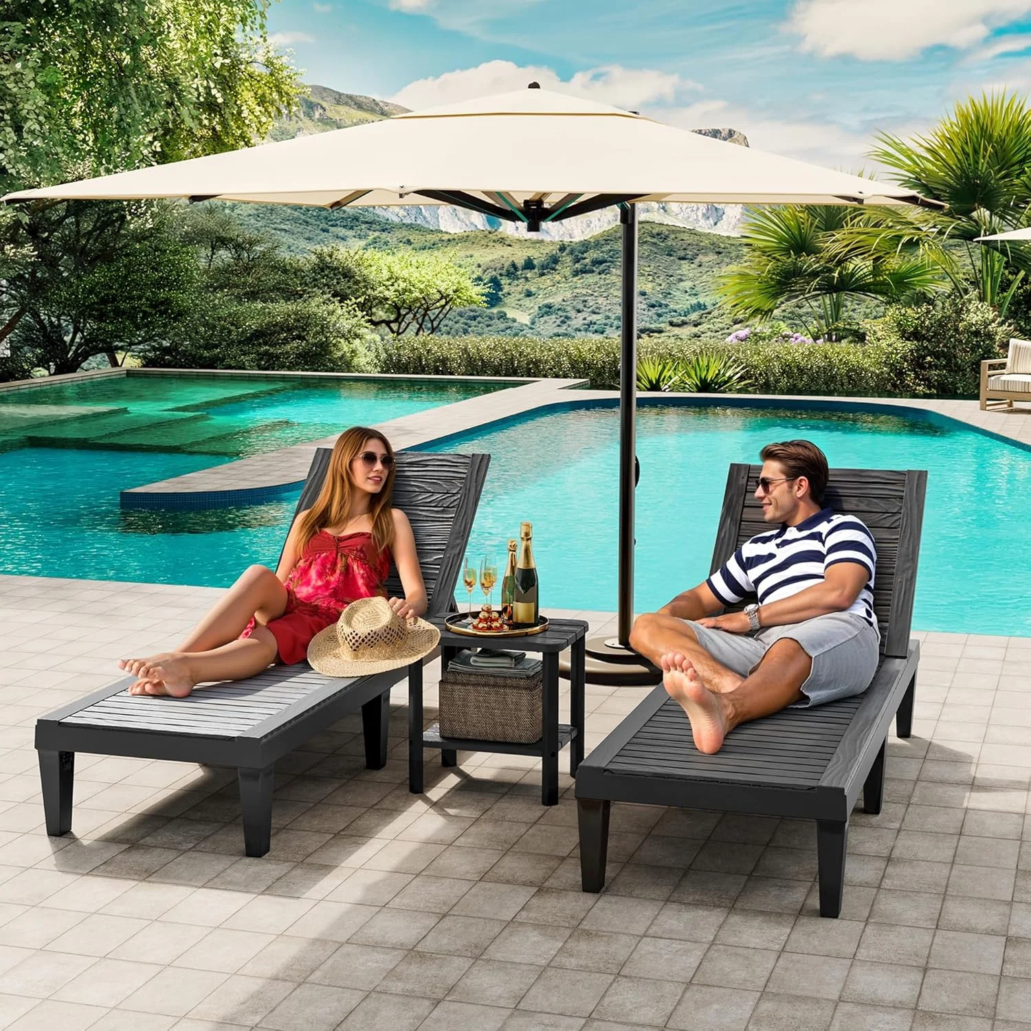 Outdoor Lounge Chairs Set of 2, 5-Position Adjustable Tanning Chairs with Wood Grain - Image 6