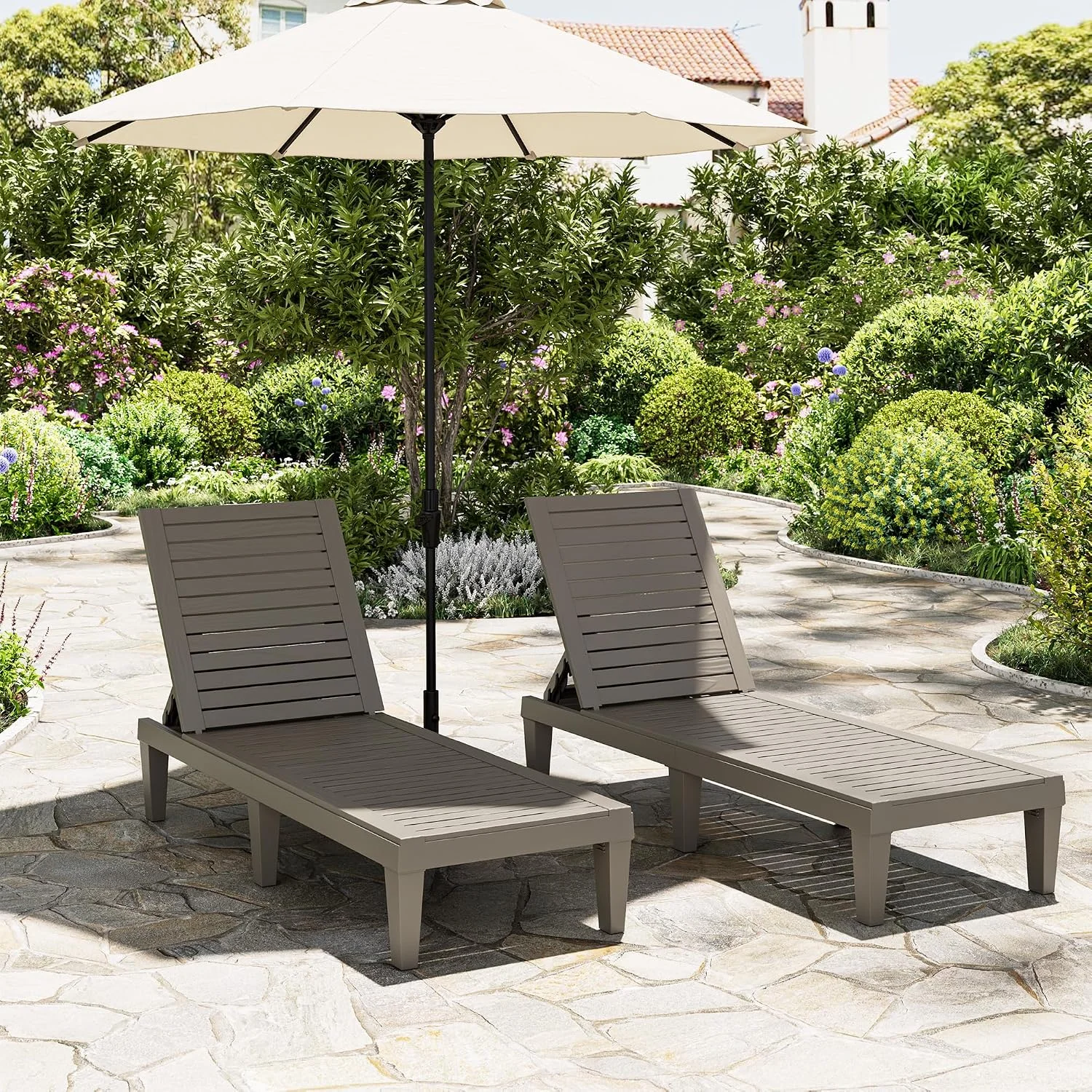 Outdoor Lounge Chairs Set of 2, 5-Position Adjustable Tanning Chairs with Wood Grain - Image 9