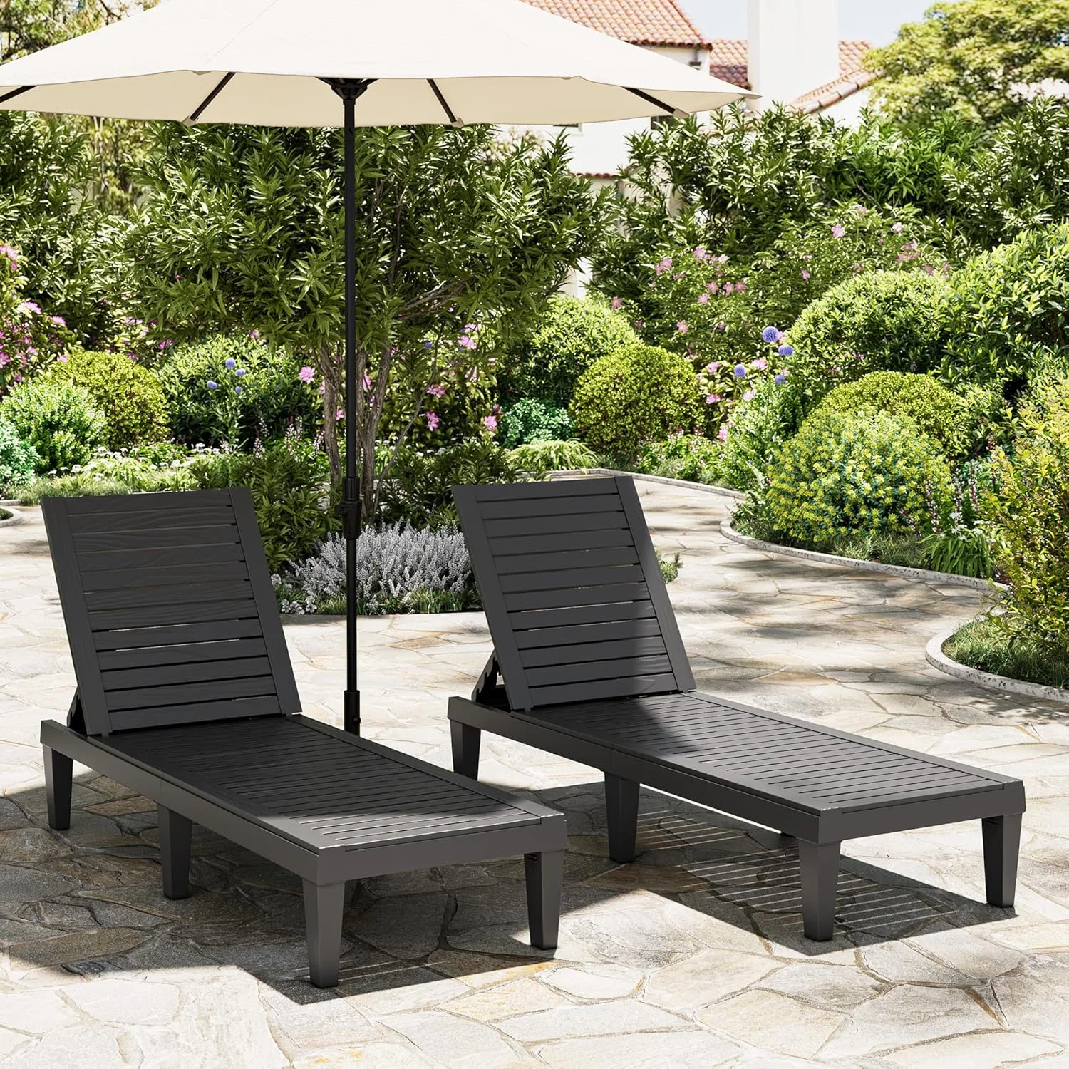 Outdoor Lounge Chairs Set of 2, 5-Position Adjustable Tanning Chairs with Wood Grain - Image 8