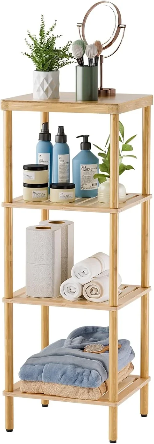 Alternative view of Bamboo Bathroom Shelf, 4-Tier Bathroom Storage Shelf, Multifunctional Storage Rack for Living Room Bedroom Kitchen, Space Saver