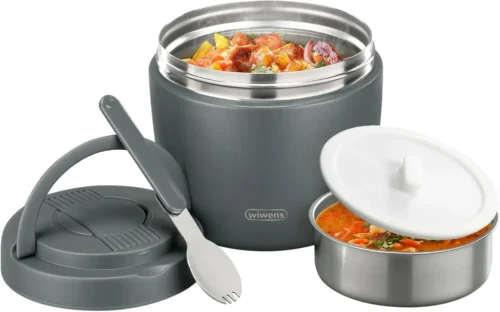 wiwens Thermo Food Jar for Hot Food 32OZ Soup Thermo Lunch Containers Wide Mouth Vacuum Insulated Stainless Steel Leakproof Bento Box with Spoon (Black)