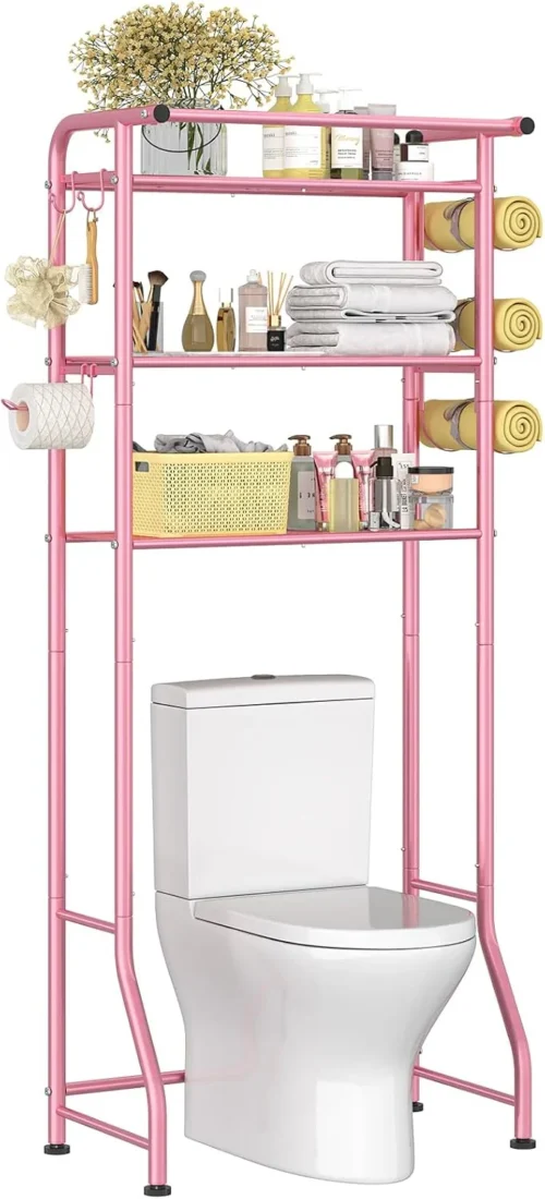 Trending Over The Toilet Storage Cabinet, Metal Bathroom Shelf Organizer with Paper Holder and Hooks, 3 Tier, Black