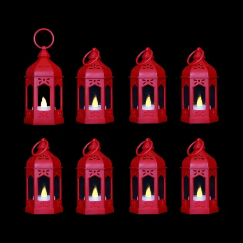 8Pcs Mini Lantern with LED Tealight, Vintage Brown Lanterns Decorative, Hanging Candle Lanterns for Halloween Christmas Wedding Table Centerpiece