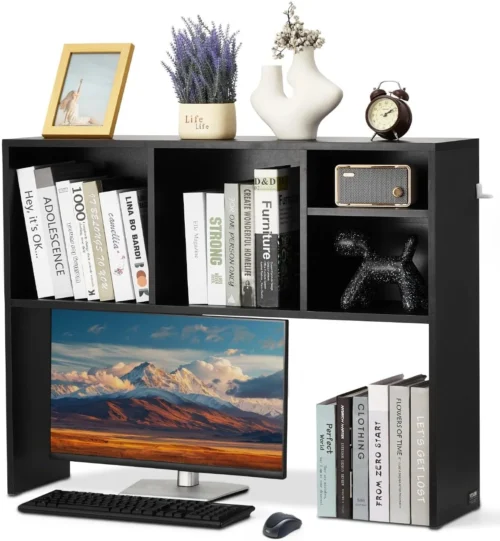 Wood Desk Shelf, Desktop Bookshelf, Desk Storage Hutch with 6 Shelves, Office Countertop Organizer 3-Tier Display Rack, with Anti-Slip Feet Pads, for Office, Home & Dorm, White