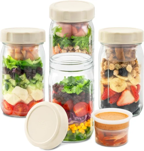 Alternative view of 4 Pack Glass Salad Jars with Lids Meal Prep, Leakproof Container for Lunch, Two Small Built-in Boxes with Wet/Dry Separation for Salad Dressing