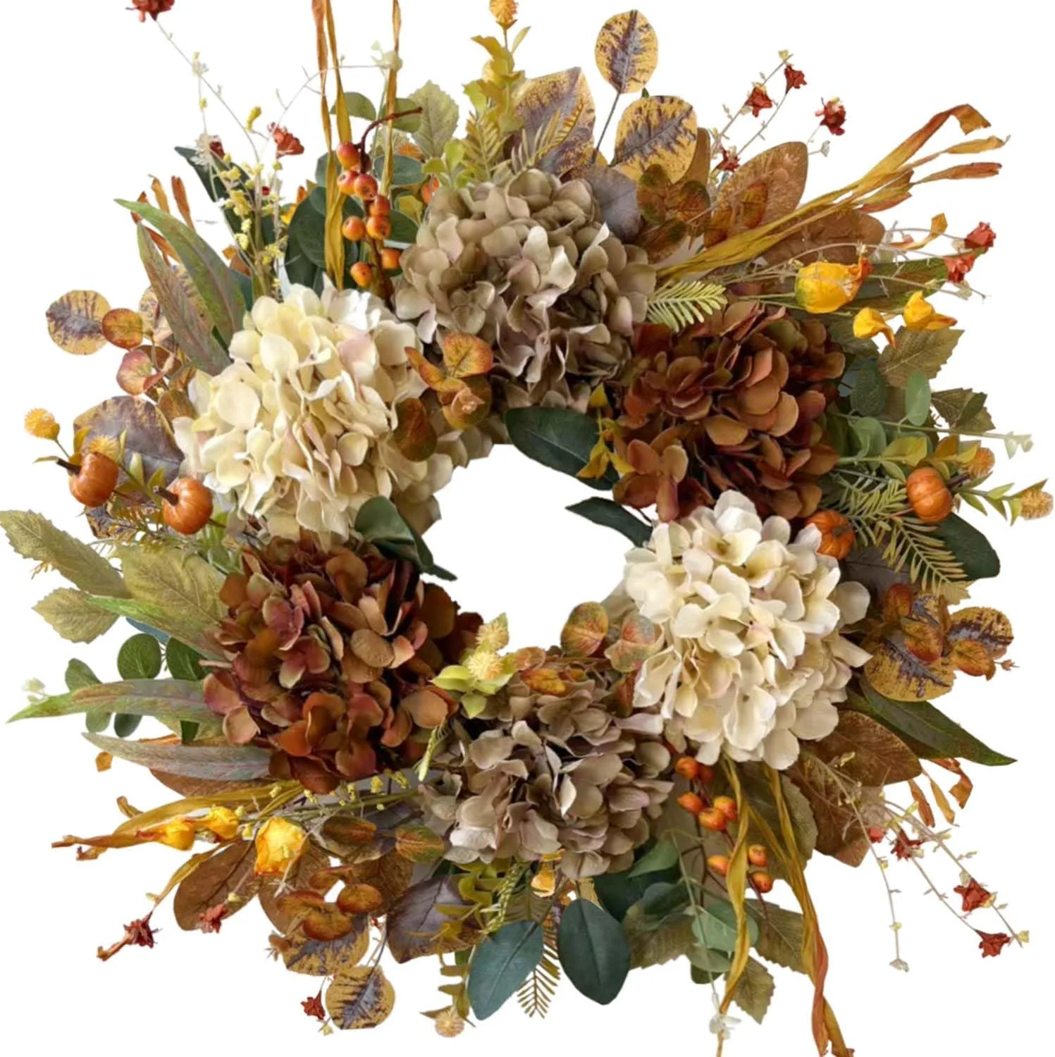 24 Inch Fall Wreaths for Front Door with Hydrangea, Mini Pumpkins - Image 4